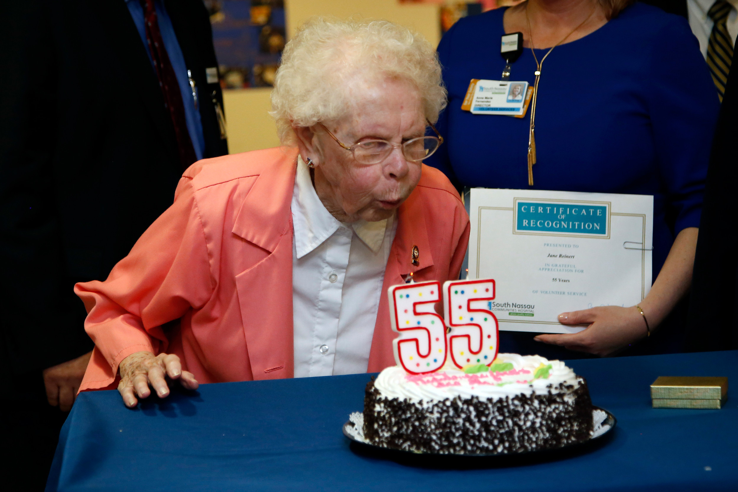 Oceanside resident Jane Reinert, who has logged more than 17,500 hours as a volunteer at South Nassau Communities Hospital, was honored with a cake at a special luncheon on April 26.