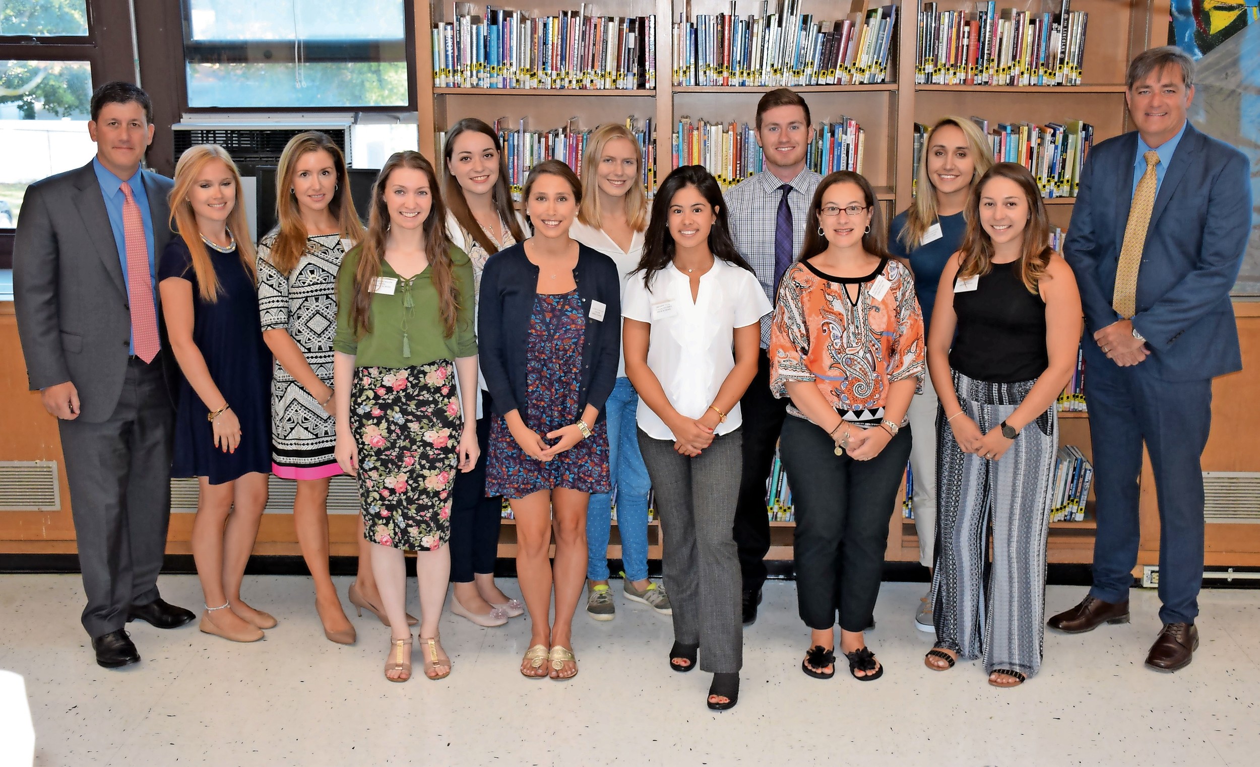 Dr. Marc Ferris, far left, Wantagh’s assistant superintendent for instruction, and Superintendent John McNamara, far right, welcomed the district’s new teachers during orientation on Aug. 28.