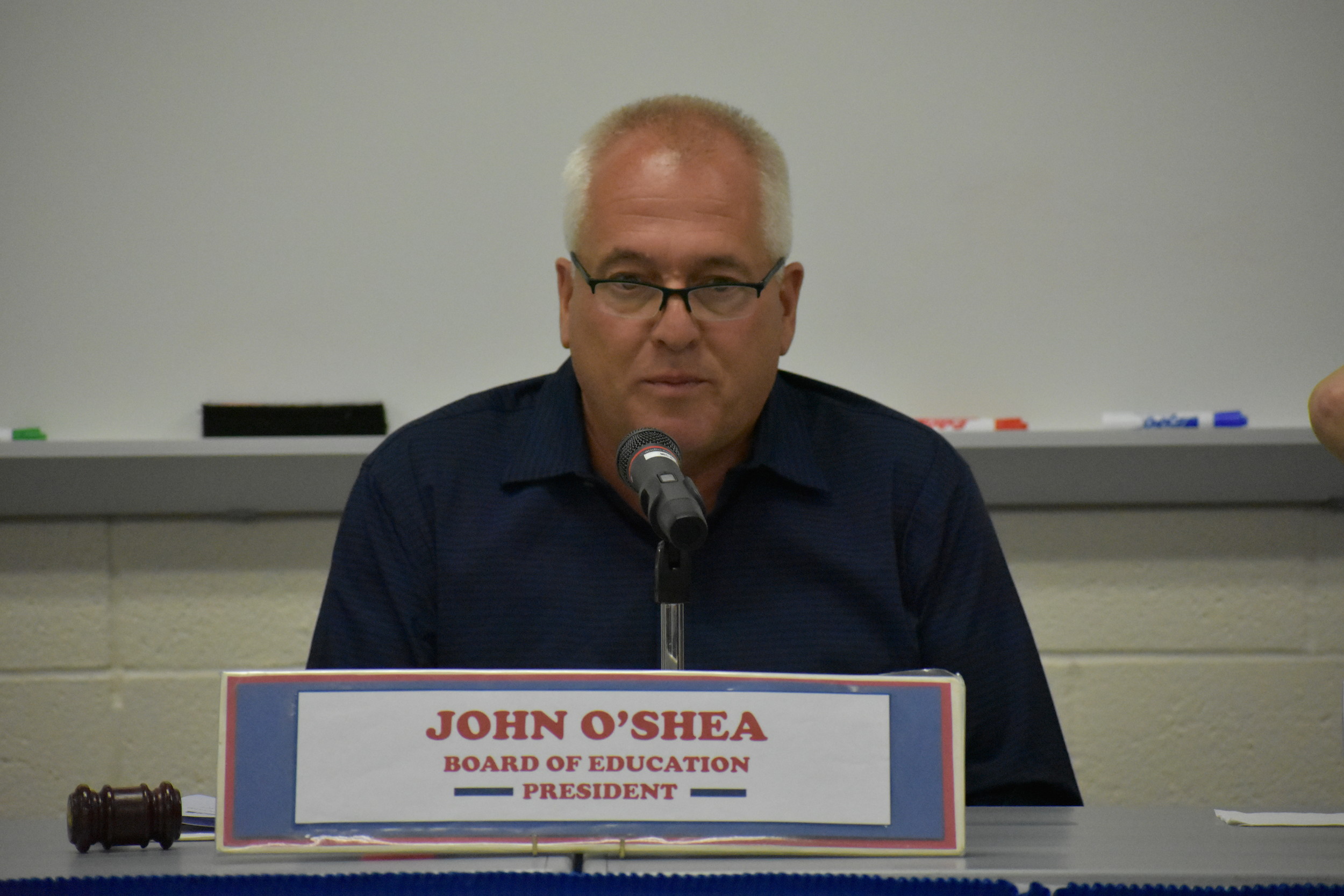 Ben Strack/Herald
Board of Education President John O’Shea announced Johnson’s contract extension, which he said would be on the agenda for formal approval at the Sept. 19 meeting.