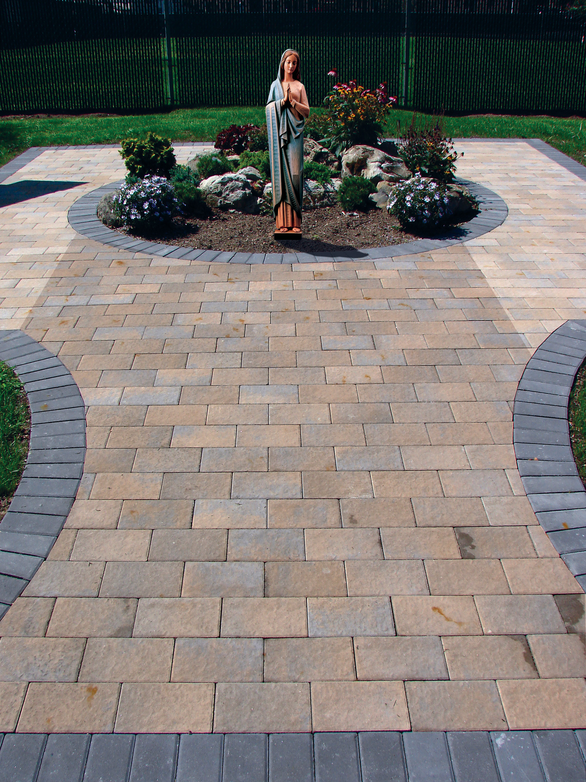 A centennial prayer walkway is being built, and people can purchase bricks and have them inscribed. Above is a rendering of the statue that will adorn its garden.