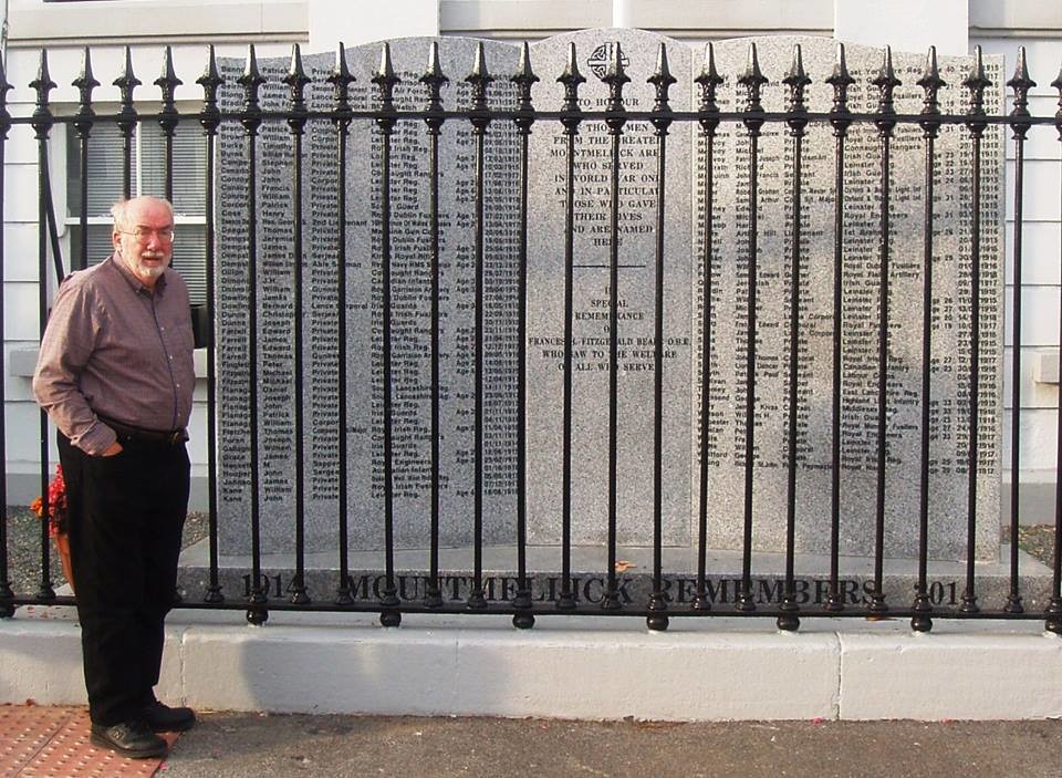 After reading excerpts of his book, “The Canal Bridge” in Ireland, author Tom Phelan visited the World War I dedication in Mountmellick, Ireland.