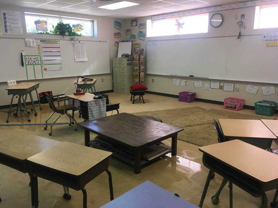 A classroom in the Little Cypress-Mauriceville Consolidated Independent School District in Orange, Texas, was left severely damaged after flooding from Hurricane Harvey.