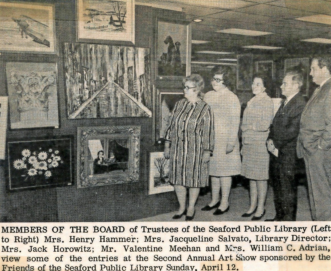 Seaford Library board members ­— including Henry Hammer, Jacqueline Salvato, Library Director Jack Horowitz, Valentine Meehan and William C. Adrian — viewed some of the entries in the second annual art show, which was sponsored by the Friends of the Library in the early 1960s.