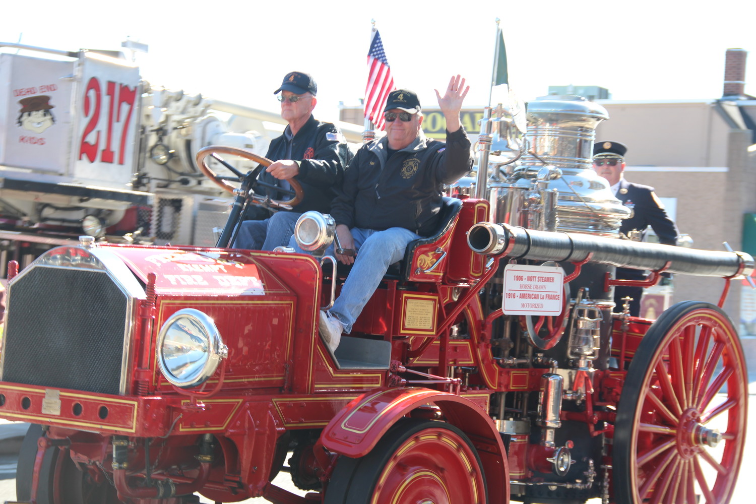 Freeport firefighters rode in an antique fire truck after Kennedy’s announcement.
