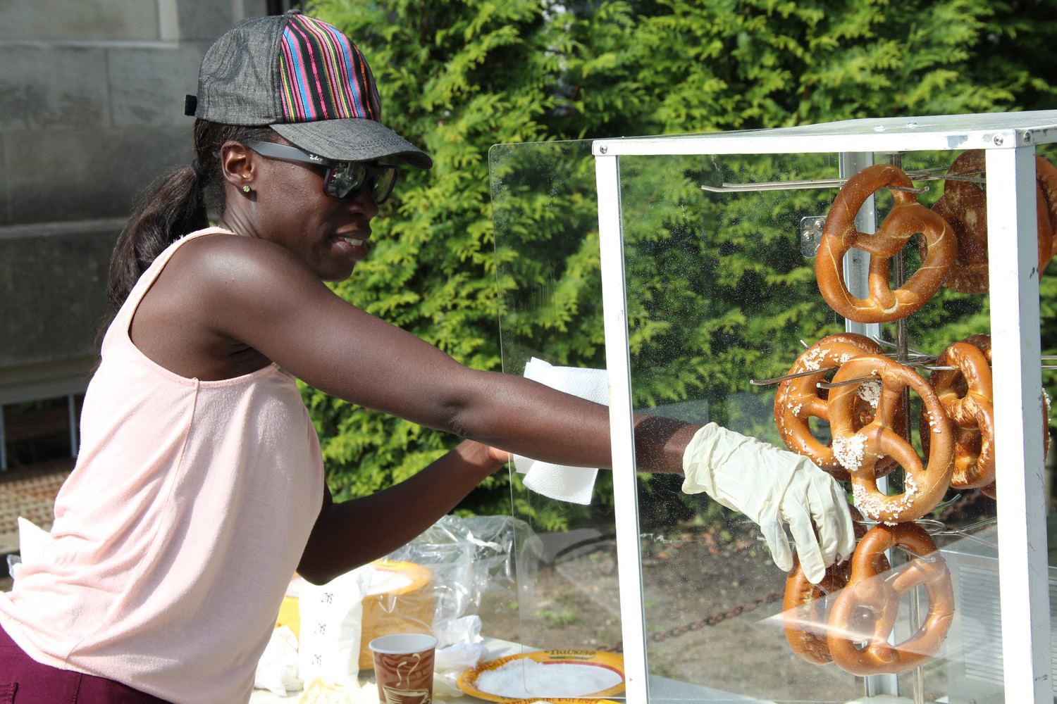 Librarian Michelle Samuel handed out the soft pretzels for attendees during festival.