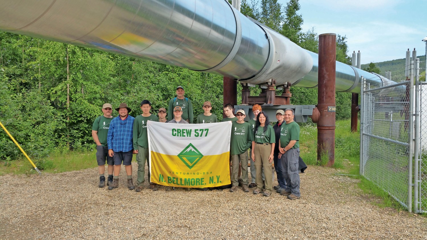 Scouting Crew 577 proudly displayed their crew number near the famous Alaskan pipeline during their trip to Alaska.