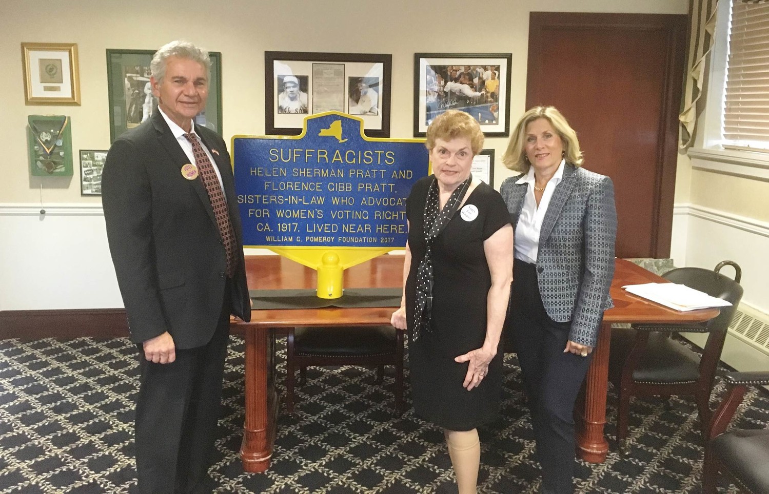 Mayor Reggie Spinello, founder of The Long Island Woman Suffrage Association Antonia Petrash and Councilwoman Pamela Panzenbeck spoke at the installation of a Women’s Suffrage marker to honor the 100th anniversary of Women’s right to vote in N.Y.