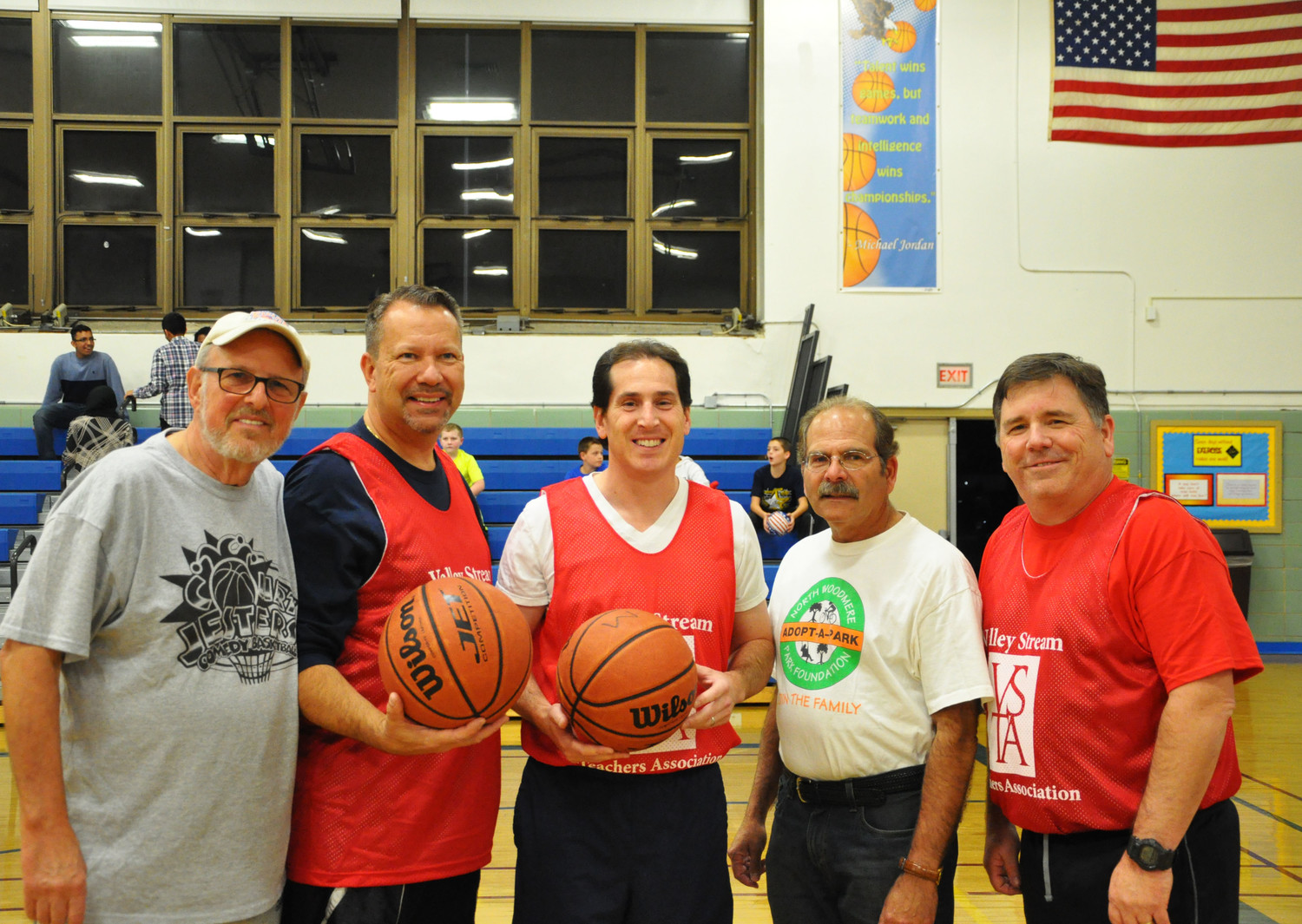 Larry Parker, left, from the Court Jesters, Valley Stream Mayor Ed Fare, State Sen. Todd Kaminsky, Nassau County District Court Judge candidate Gary Carlton, Valley Stream Teachers’ Association President Rich Adams gathered for the game on Oct. 27.