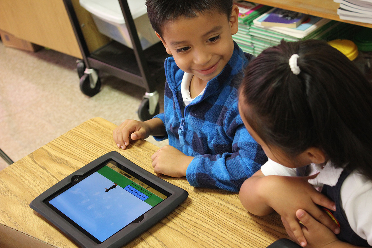 First- and second-grade students can use ST Math to determine how many blocks Jiji would have when she gets to the right side of a computer screen, after losing or gaining more blocks.