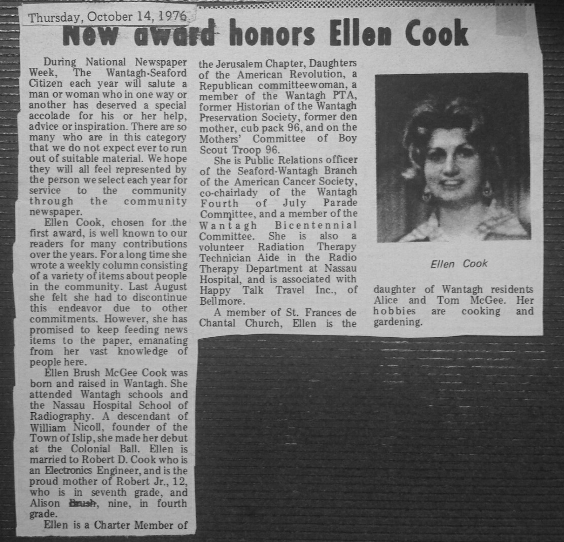 Cook wrote a number of columns for the former Wantagh Citizen called “What’s Cooking” in the early 1970s.