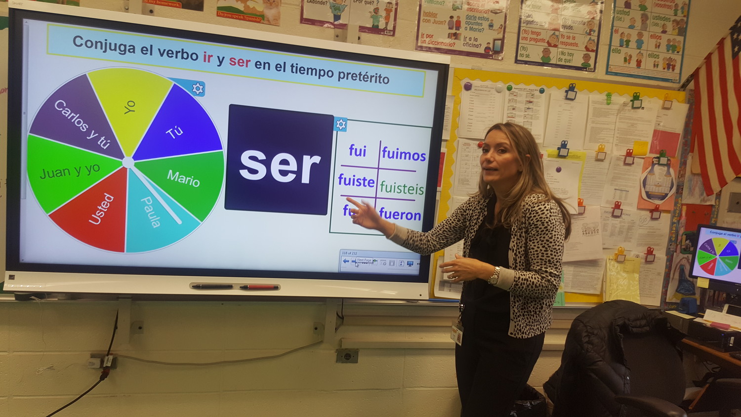 Irelanda Feil, the Spanish teacher at Lincoln Orens Middle School in Island Park, has an electronic blackboard that displays different ways of conjugating verbs.
