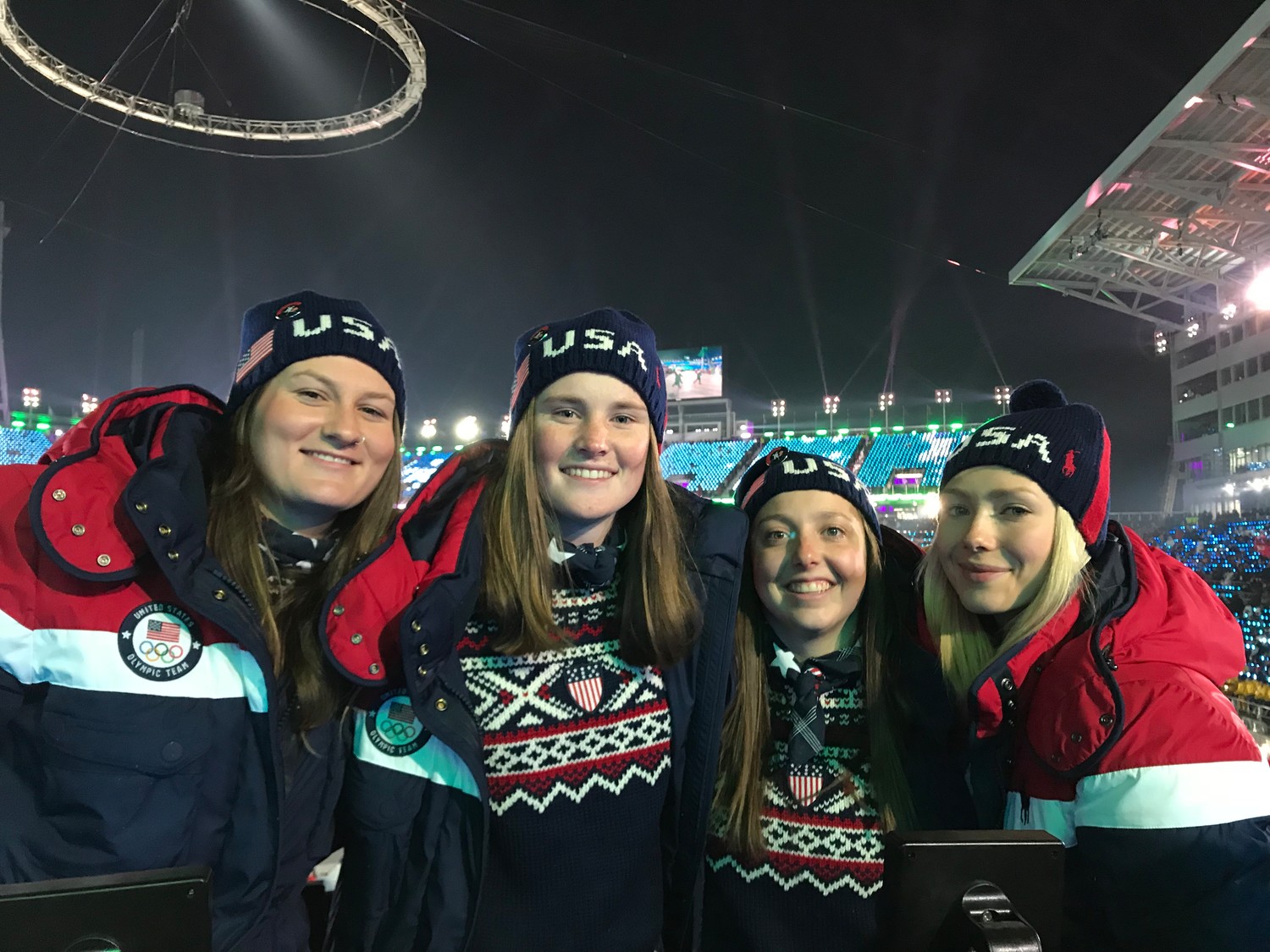 Devin Logan, left, with Caroline Clair, Darian Stevens and Maggie Voisin of the 2018 U.S. Women’s slopestyle team at the Winter Olympics opening ceremony last week.  Logan won the inaugural silver medal in the sport  at the 2014 Olympics in Sochi, Russia.