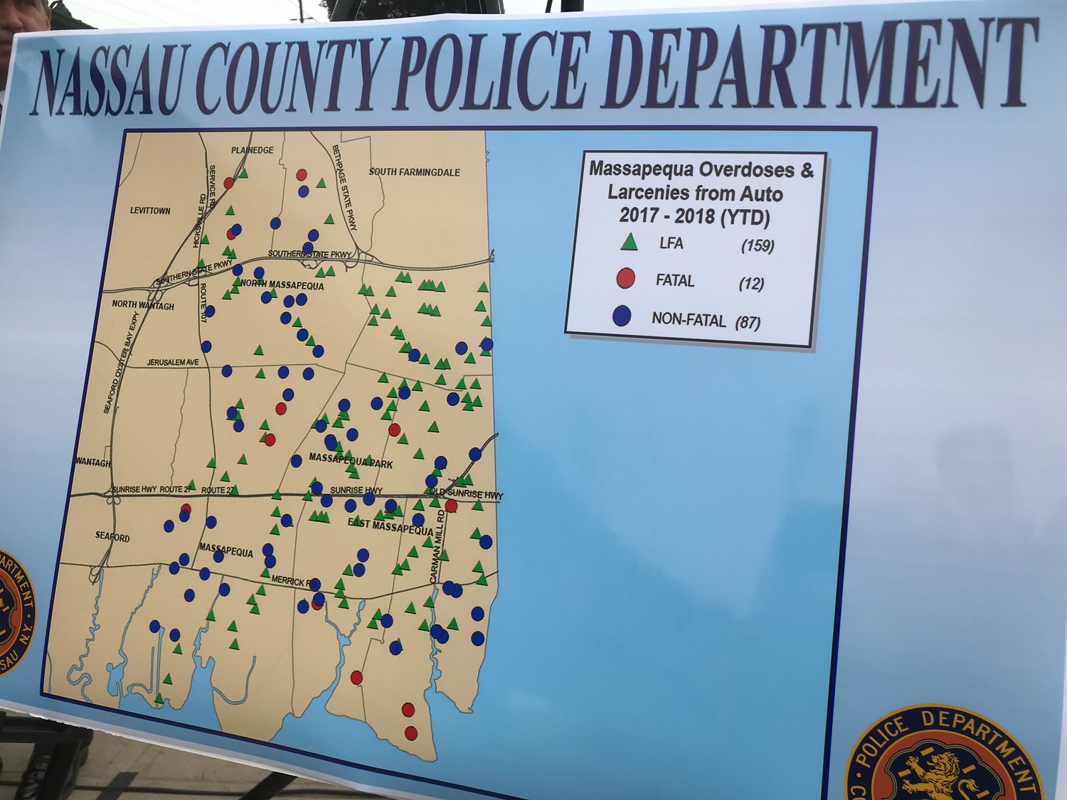 This map of Massapequa shows the information that OD Maps is giving the NCPD. The NCPD layer crimes on top of overdoses, and use to find correlations between crime and overdoses along with areas with a large number of overdose incidents.