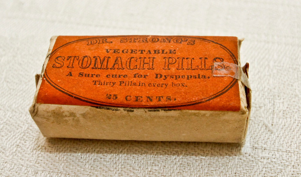 Dr. Strong's Vegetable Stomach Pills was a sure cure for dyspepsia, according to the label, which makes you wonder about the food at Sagamore Hill since it sits on the dresser in  Cook's Room.