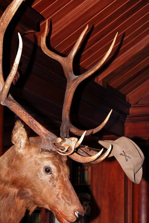 TR's sword and hat sit on one of the giant elk's antlers in the North Room.