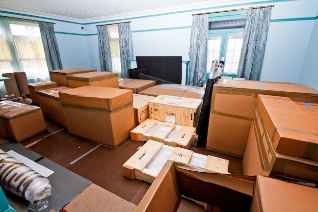 April 2015. The Drawing Room is full of boxes and crates that hold objects that will be unpacked and placed back in the rooms throughout the house.