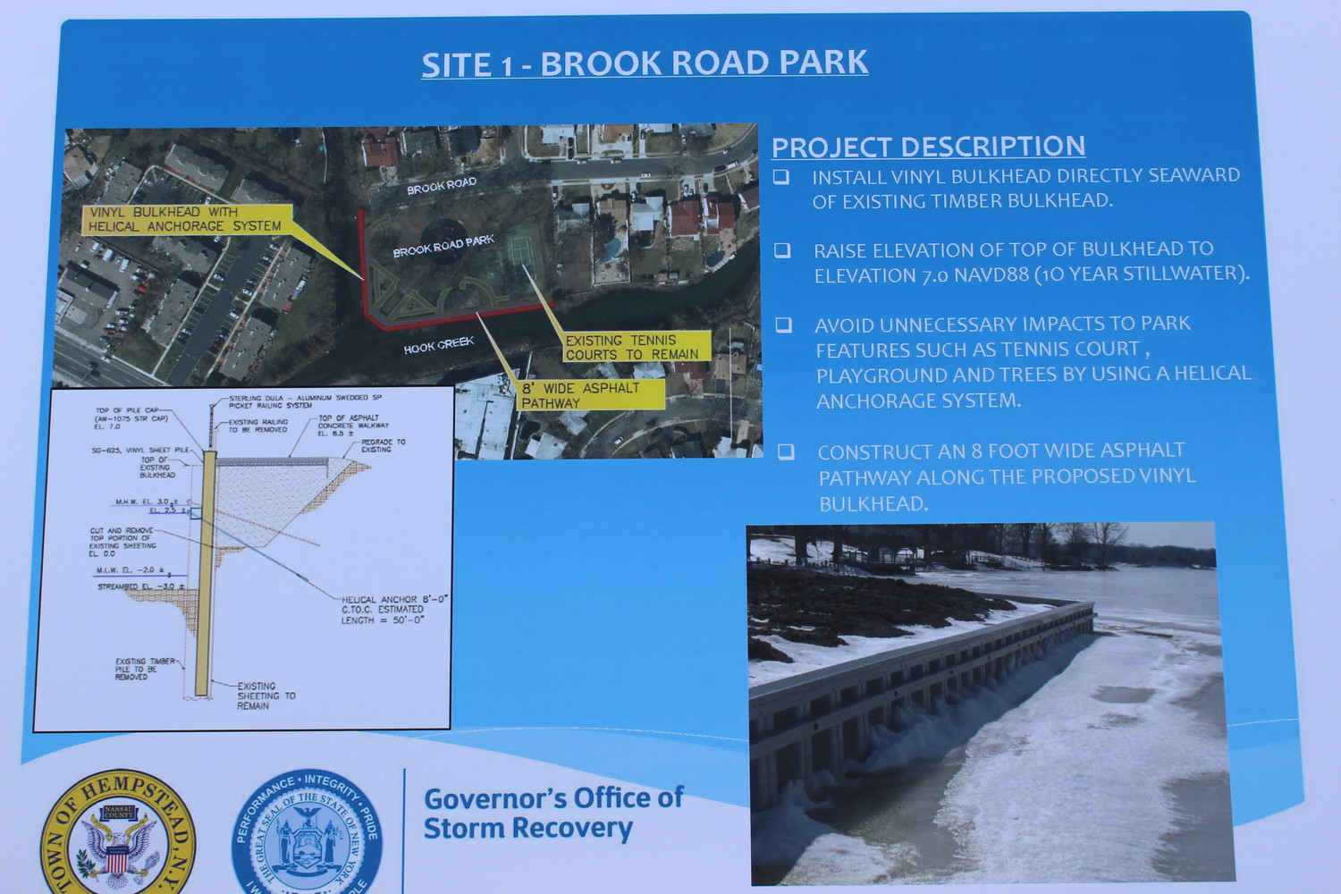 A sign detailed the scope of the Governor’s Office of Storm Recovery’s project.