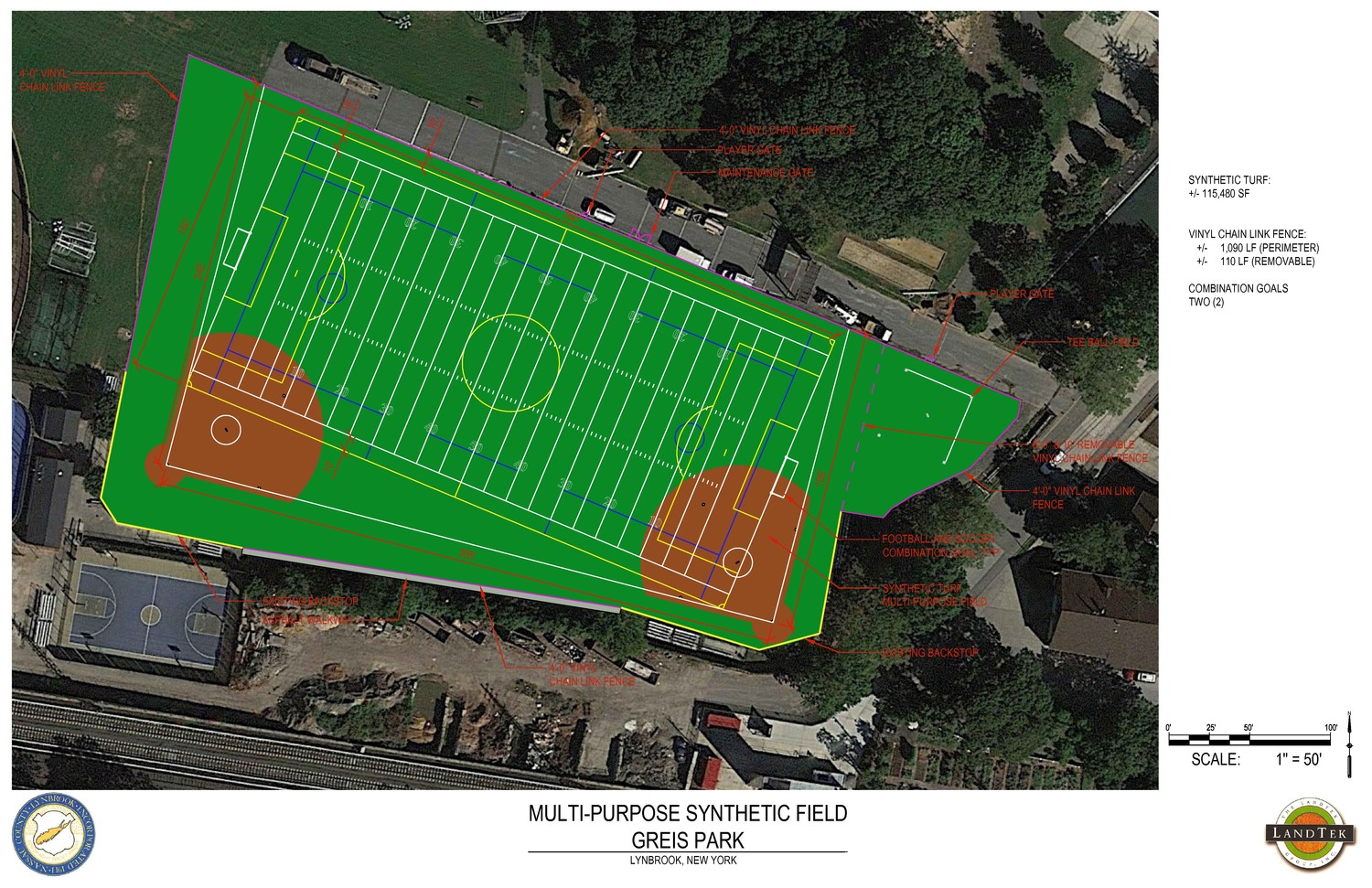 Representatives of The LandTek Group, based in Amityville, proposed building a $1.4 million turf field at Greis Park to the Lynbrook village board on March 5. Village officials have expressed interest, but are still thinking it over.