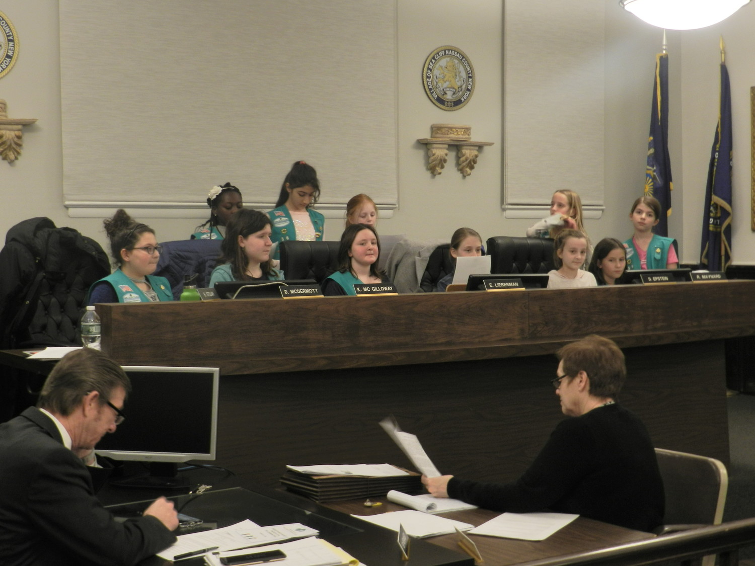 Girl Scout Troops 64 and 36 took over the board to present their proposal to paint a mural at Sea Cliff’s beach pavilion.