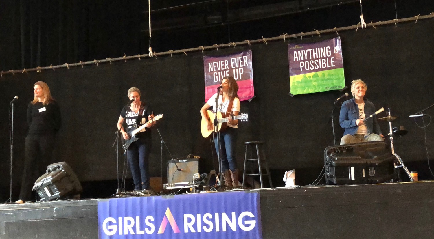 Sue Wicks, left, Cathy Henderson, Nini Camps, and Kristen Ellis-Henderson of Antigone Rising put on a show at Finley Middle School in mid-March.