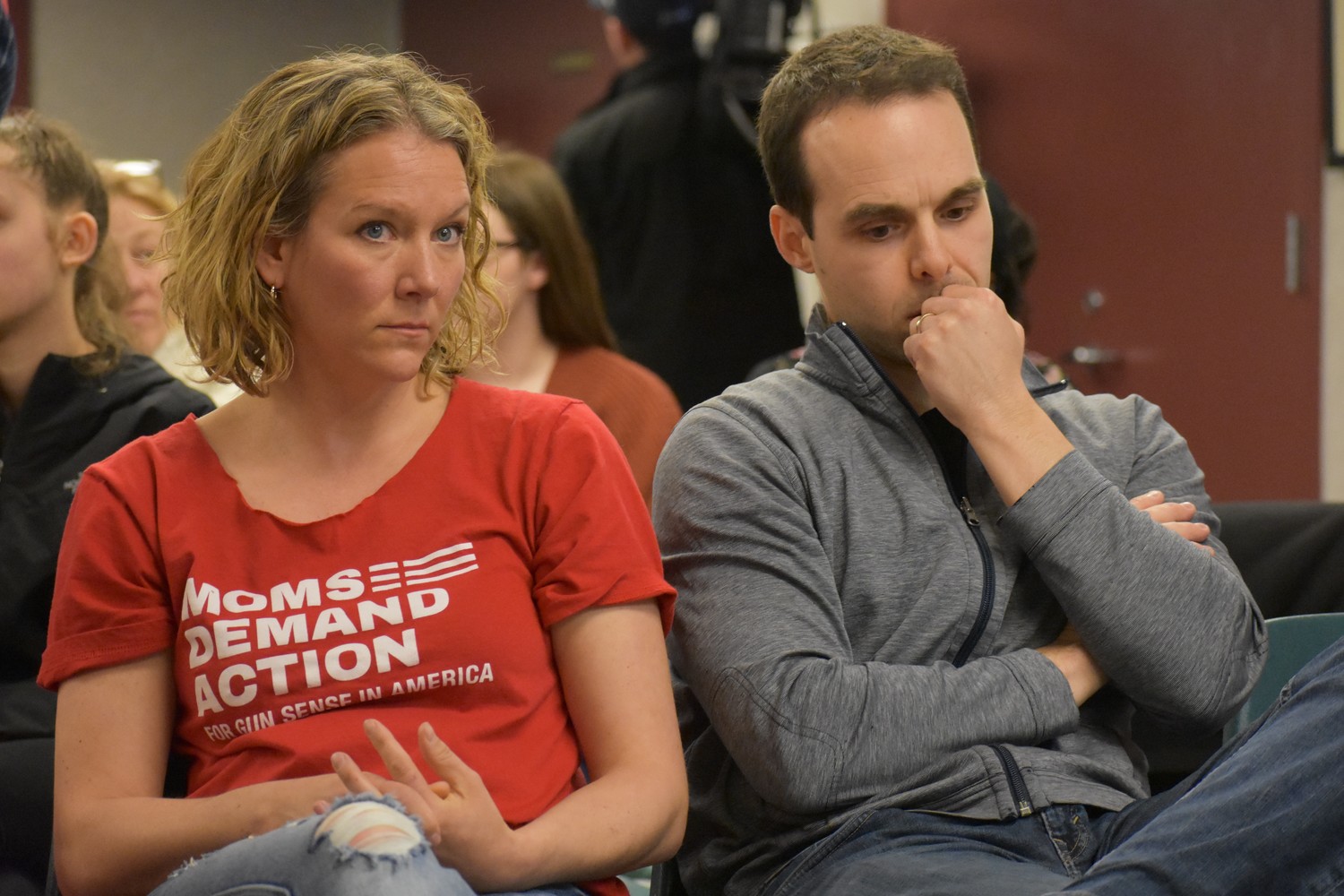 Tracy Bacher, a leader of Moms Demand Action in Nassau County, and Robert Gaafar, a Rockville Centre resident who escaped the mass shooting in Las Vegas last October, spoke at a forum about gun violence at the Rockville Centre Public Library on Saturday.