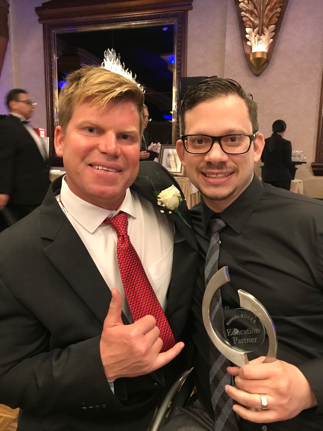 Surf for All Co-founder Cliff Skudin, left, and Surf for All athlete Adam Halpern, a professor at Hofstra University, at the Nassau BOCES 12th annual Education Partner Awards Gala on April 11, where Surf for All received the Nassau BOCES Education Partner award.