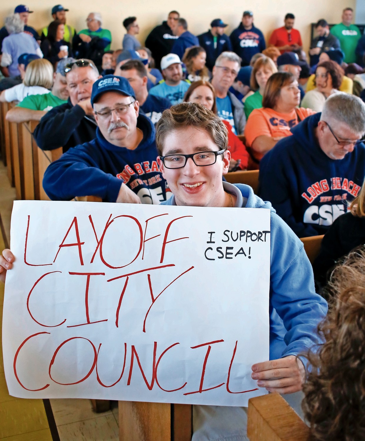 Eddie Vrona, a student at Long Beach High School, at the May 1 budget hearing, where he opposed CSEA layoffs.