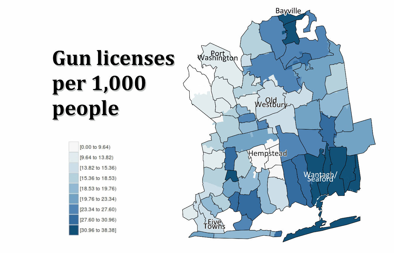 This map shows which parts of Nassau County have more pistol license holders than others. Scroll down for an interactive version of this map and chart showing  demographics where pistol license holders live.
