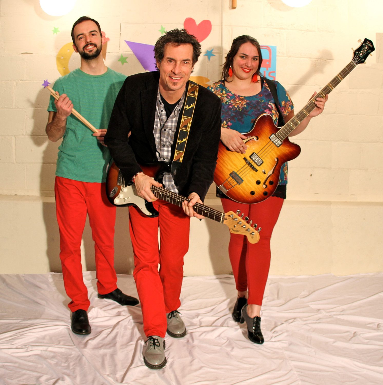 Frontman Danny Weinkauf, center, and his Red Pants band are scheduled to play two shows at the Long Island Children’s Museum this summer. Above, Weinkauf with drummer Steve Plesnarski and bassist Tina Kenny Jones