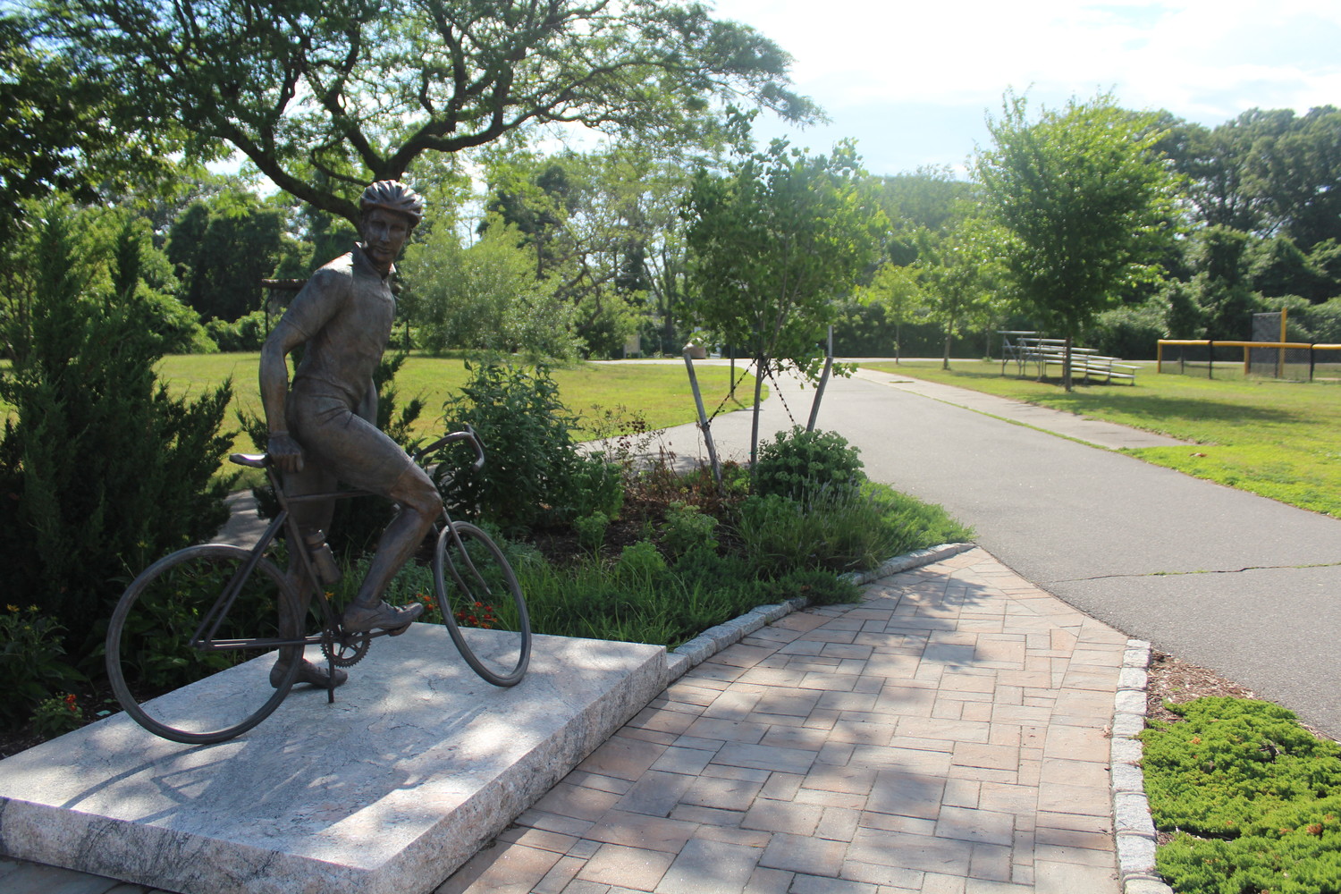 A statue of Matt Scarpati, who was struck and killed on the Jones Beach bike path in 2009, at Cedar Creek Park in Seaford, where the Miles for Matt bicycle marathons take place every year.