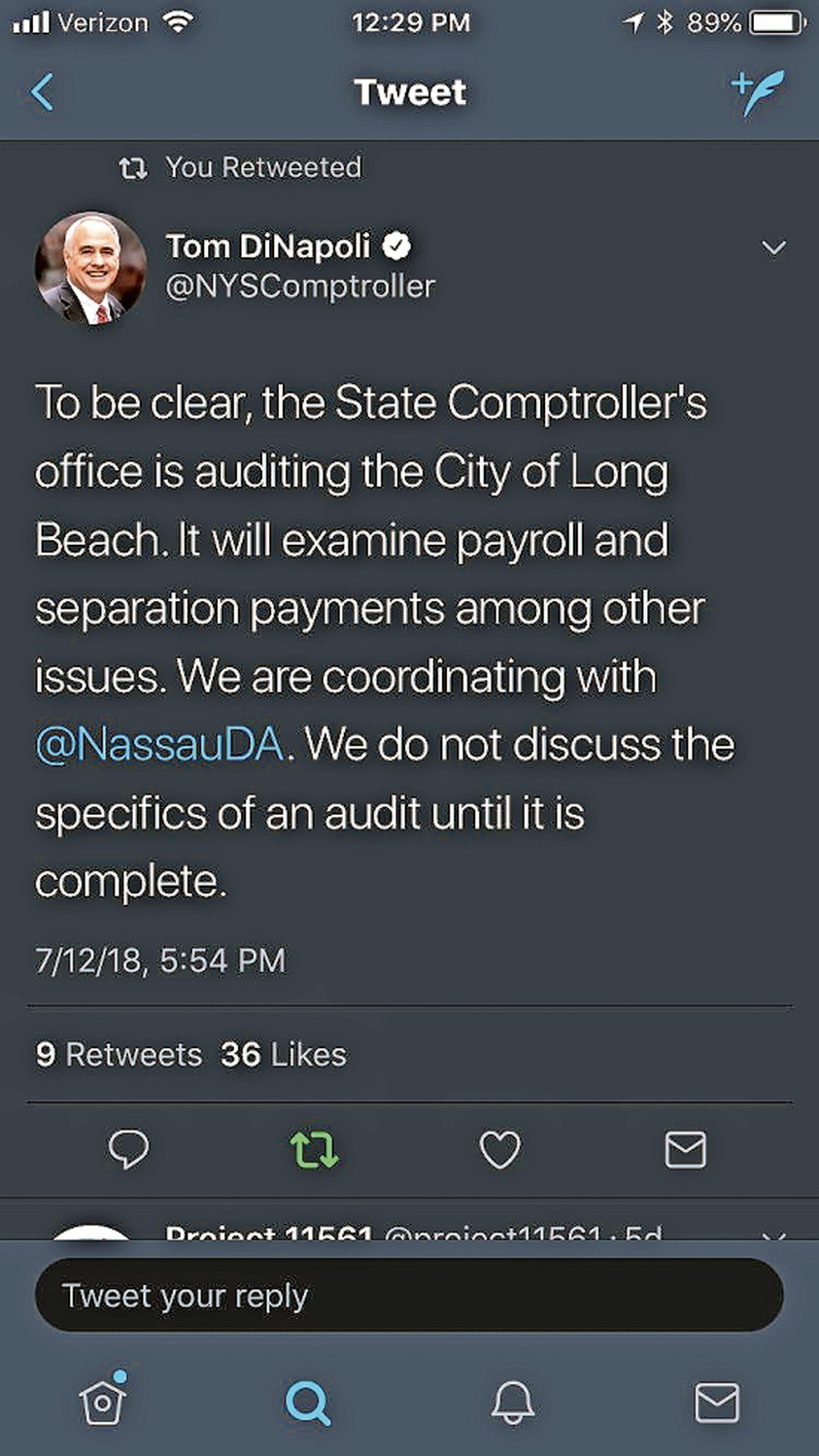 State Comptroller Tom DiNapoli emphasized on Twitter last week that his office was looking into payouts after residents questioned the scope of an audit of the city’s finances.