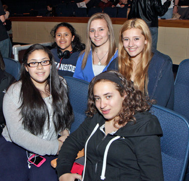 Middle School students Alexis Rodriguez front row left, Allie Parisi, Melissa Joya, back row left, Megan Billotto and Dana Pereira came to enjoy the films of the festival.