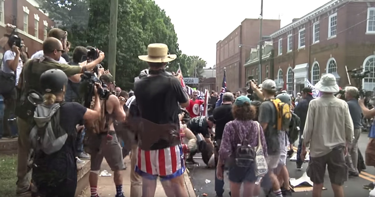 Footage from the clashes between white supremacist demonstrators and anti-fascist protesters in the streets of Charlottesville before Heather Heyer was killed.