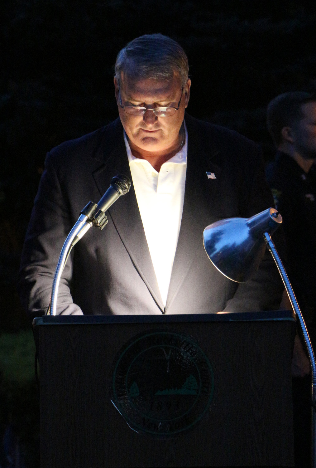 Pat O’Brien, whose brother and brother-in-law died on Sept. 11, 2001, spoke at the village’s annual ceremony last Sunday.