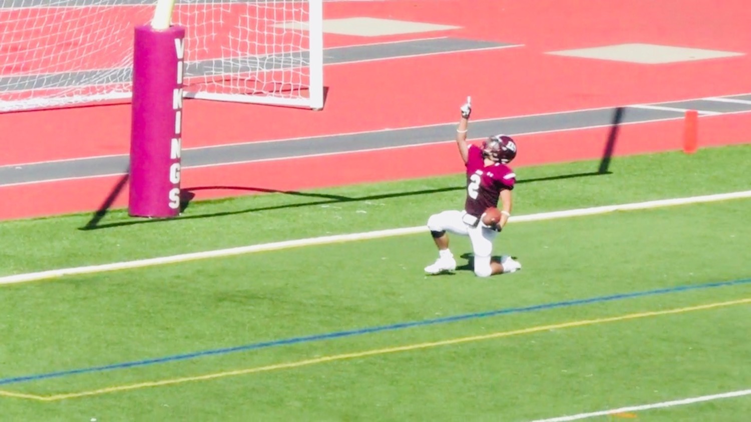 Luca Marra points to the sky after scoring a 57-yard touchdown, his first of the season.