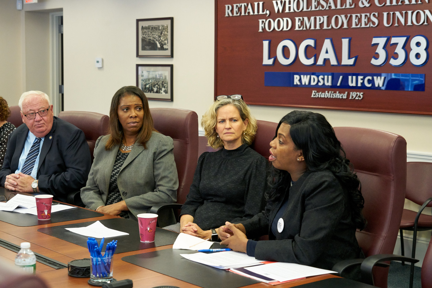 Shenee Johnson, far right, from the Suffolk County chapter of Moms Demand Action, addressed a Gun Violence Roundtable held at the local 338 chapter in Mineola on the morning of the fundraiser. Johnson’s son was shot and killed in Queens in 2010. From left were State Sen. John Brooks, New York City Public Advocate and state attorney general candidate Letitia James, Nassau County Executive Laura Curran and Johnson.