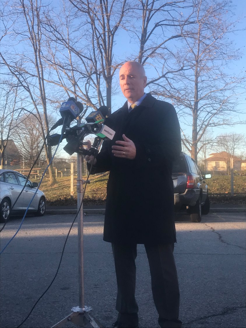 Nassau County Police Department Lt. Richard Lebrun spoke to the media outside the Five Towns Community Center in Lawrence, where Harold B. Sermeno, 17, was found shot dead on Dec. 18.