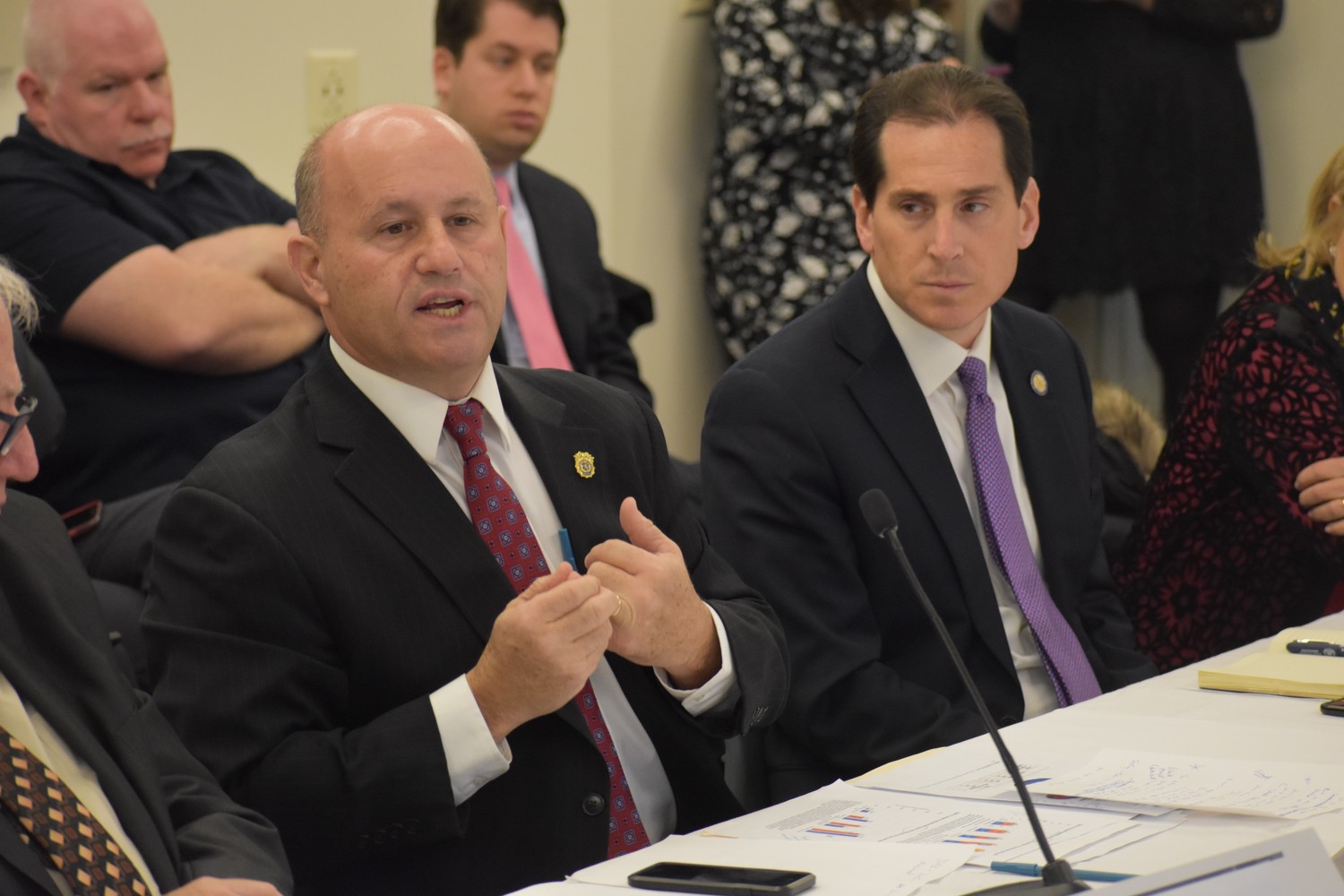 Nassau County Police Commissioner Patrick Ryder, left, aired concerns about legalizing marijuana during a  roundtable about road safety at Molloy College on Jan. 7. State Sen. Todd Kaminsky, right, hosted the meeting.
