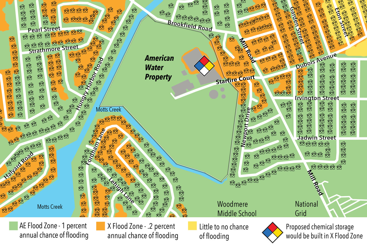 A map showing the FEMA-designated flood plain around the New York American Water facility on Starfire Court.