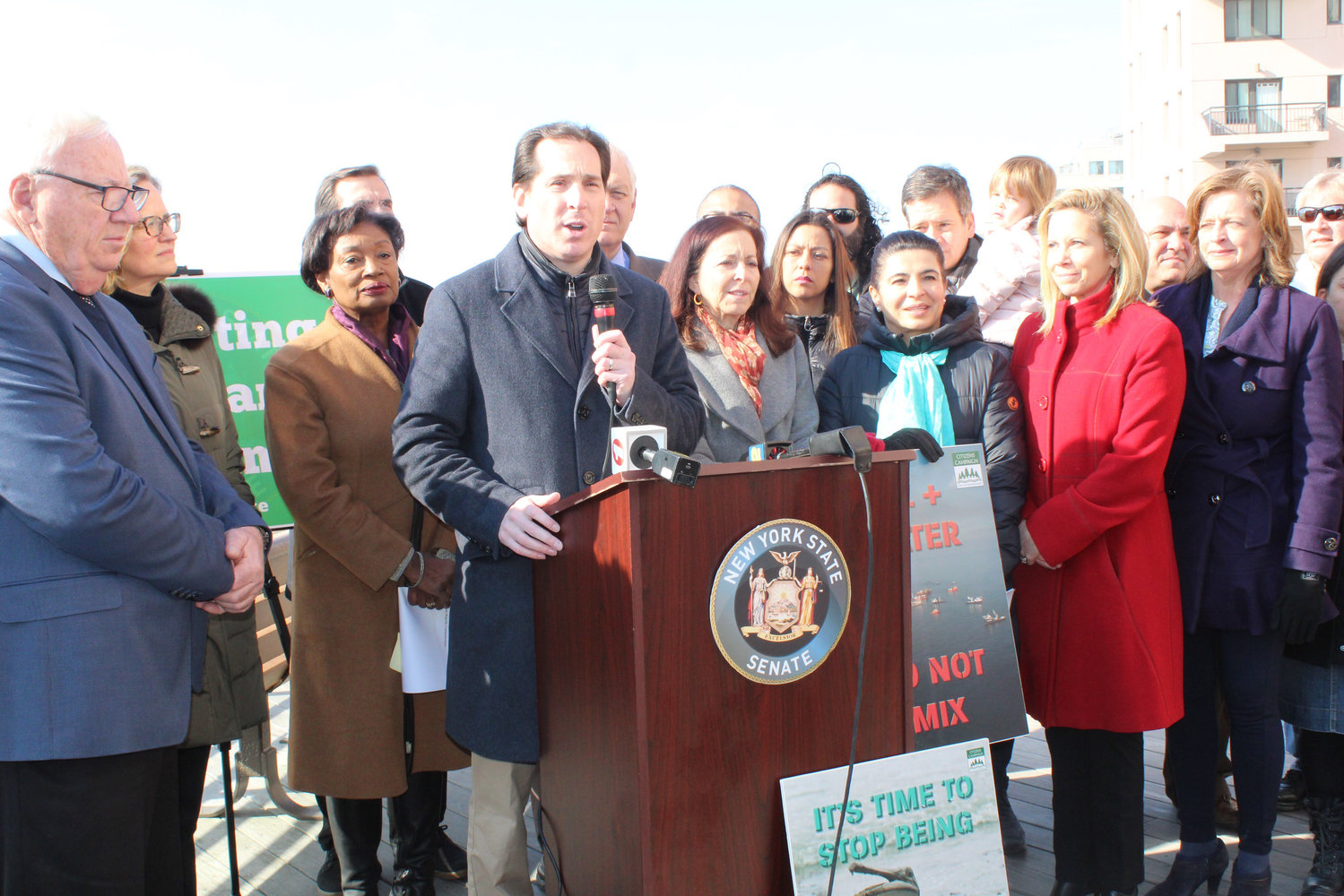 State Sen. Todd Kaminsky held a news conference on Sunday on the boardwalk, where he announced that a bill that he sponsored to ban offshore drilling was expected to pass in the State Legislature.