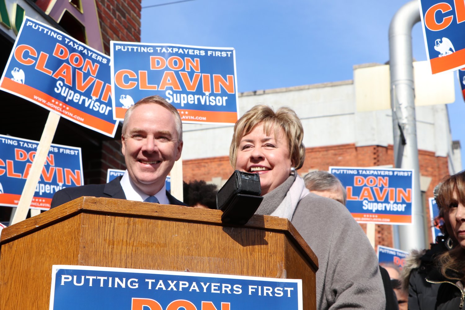 Town of Hempstead Receiver of Taxes Donald Clavin, alongside Kate Murray, announced his bid to become Town supervisor on Feb. 19.