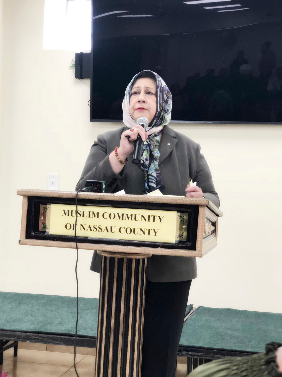Dr. Isma Chaudhry, chairwoman of the Islamic Center of Long Island spoke to a crowd of roughly 100 on March 5 to condemn a recent instance of Islamophobia in West Virginia.