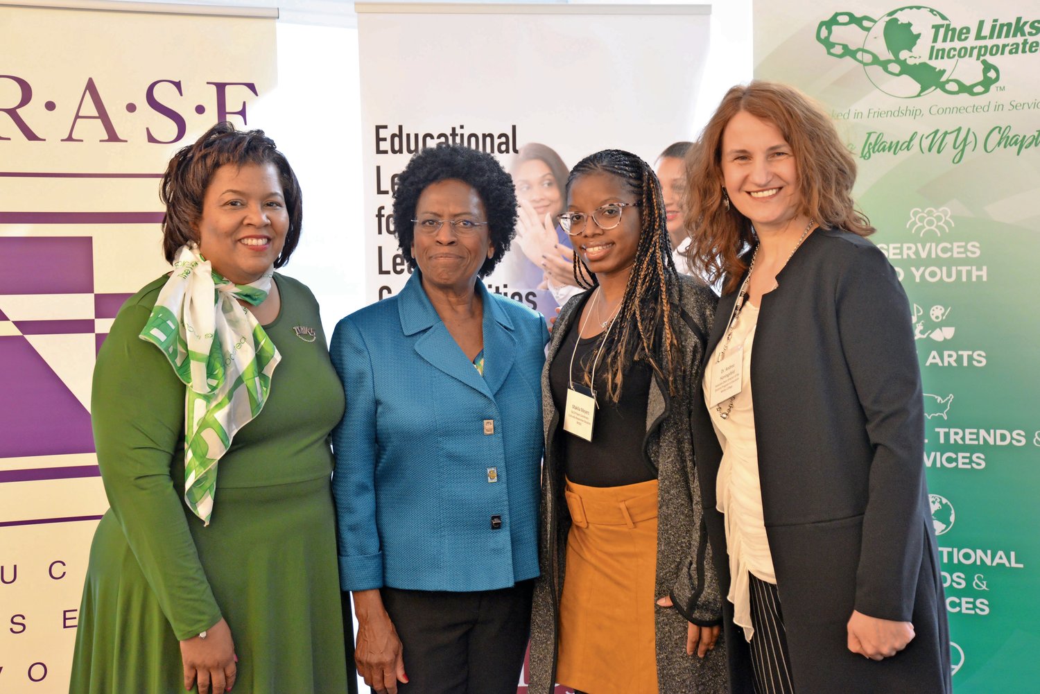 Leah E. Watson, president of The Links Incorporated Long Island Chapter, far left; Elaine Gross, president of ERASE Racism; Dr. Makila Meyers, of the New York State Education Department; and Andrea Honigsfeld, associate dean and director of Molloy College’s Doctoral Program in Education, attended the event.