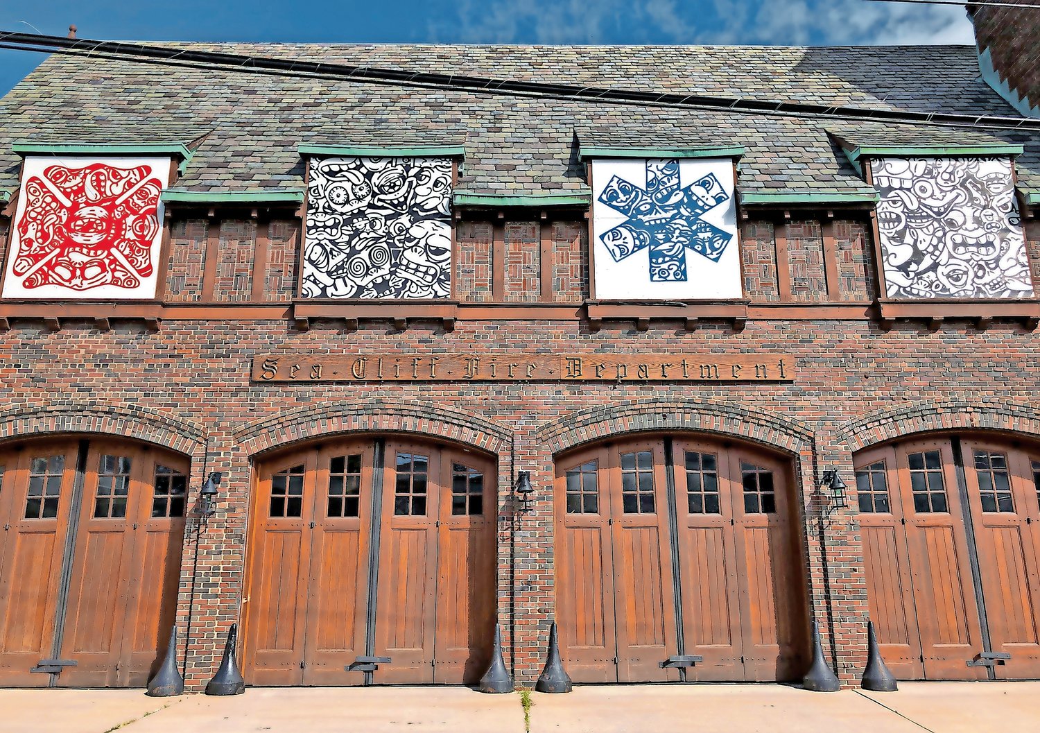 During renovations, the windows of the Sea Cliff Firehouse were replaced by an eye-catching art installation designed by local artist James Roth.