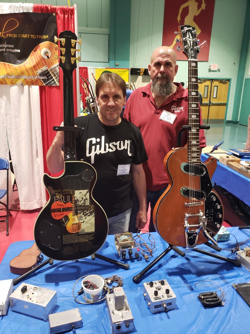 Les Paul guitar exhibitors Jim Wysocki, left and Joe Ullrich with vintage guitars.