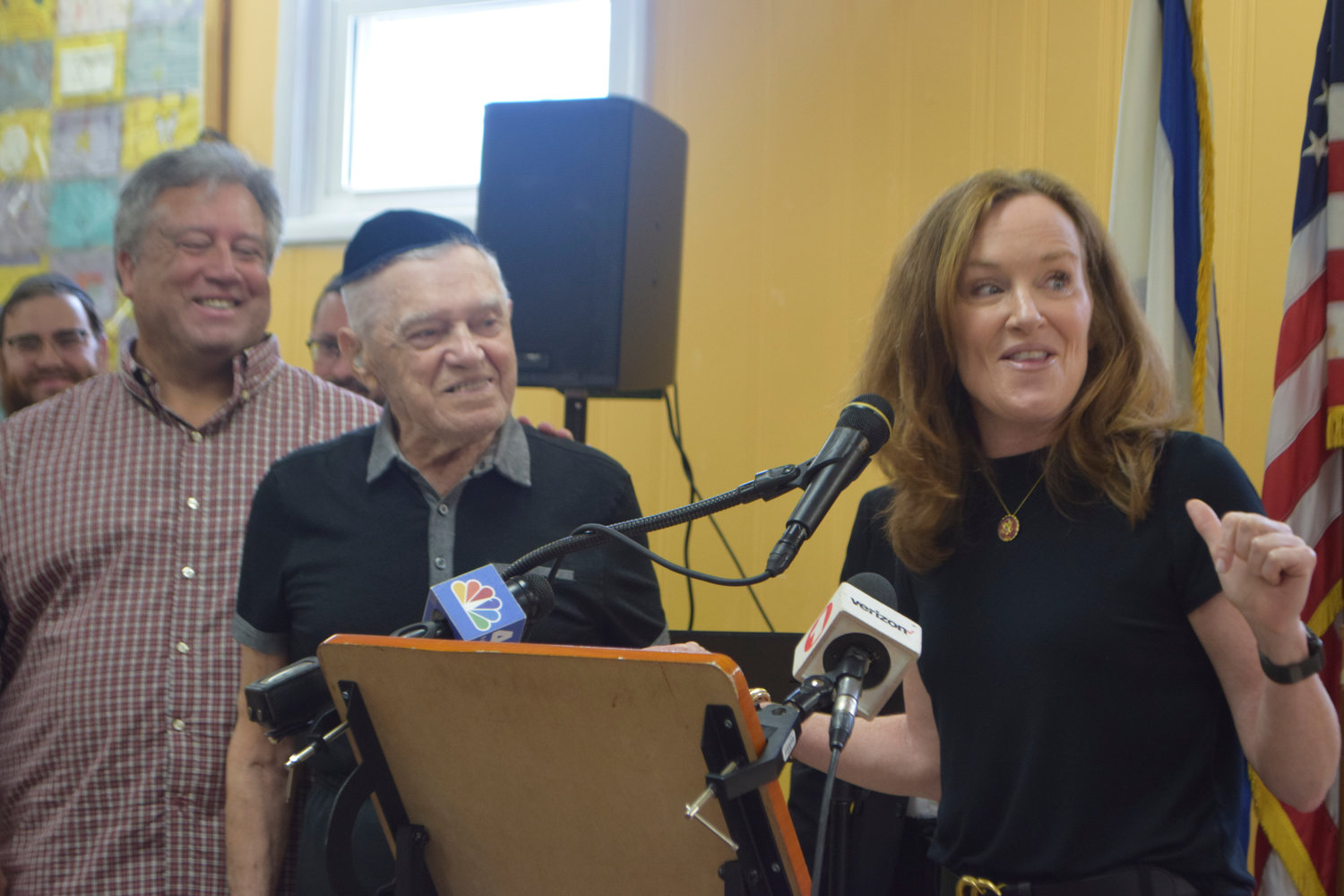 Holocaust survivor Marvin Jacobs, center, was honored by the Gural JCC on June 6. With him were his son, David Jacobs, and U.S. Rep. Kathleen Rice.