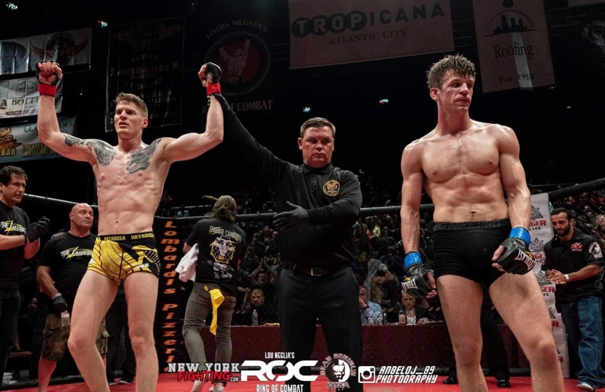 Charlie “The Cannibal” Campbell, left, defeated Cody Zappone in his professional mixed martial arts debut on May 31 at the Tropicana in Atlantic City.