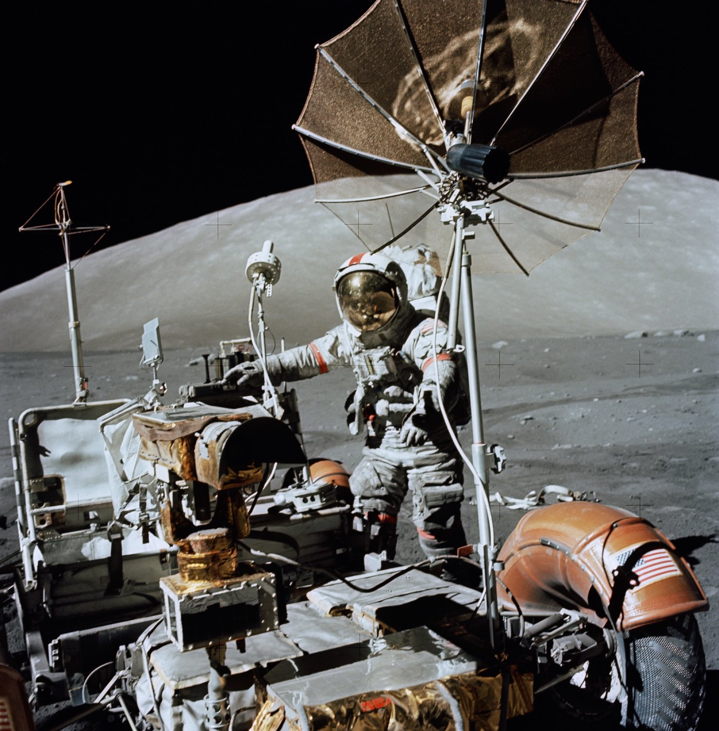Geologist Harrison Schmitt with the Apollo 17 lunar rover.
