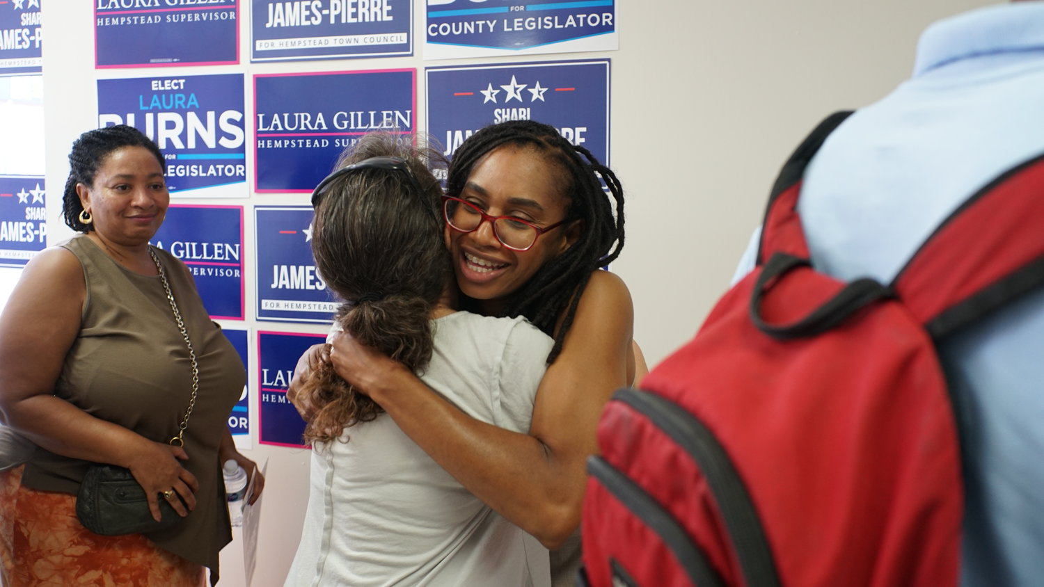 Valley Streamer Shari James hugged a supporter at her campaign kickoff on Saturday. She will be running in November for the Town of Hempstead 3rd Council District against Bruce Blakeman.