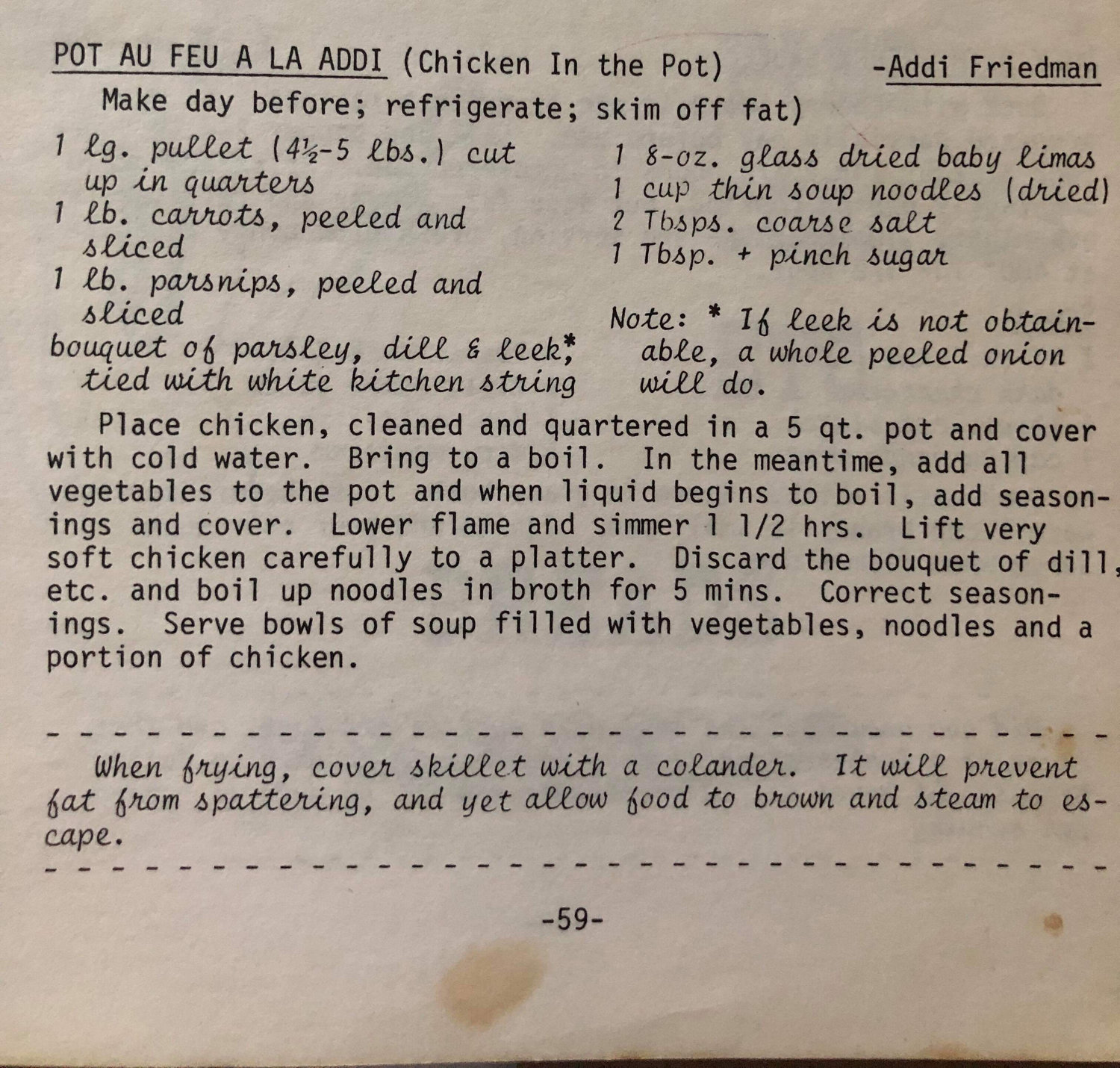 Adelaide Friedman's recipe for Pot Au Feu La Addi that she contributed to a Temple Hillel collection of homemade meals.